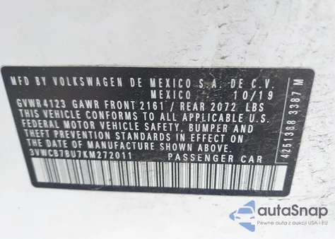 2019 Volkswagen Jetta 1.4T R-Line/1.4T S/1.4T Se z USA, uszkodzony, nr VIN 3VWCB7BU7KM272011